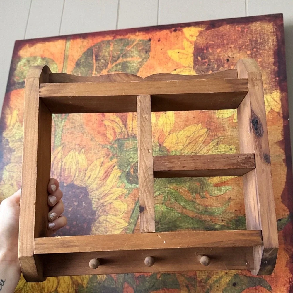 Vintage Trinket Wood Shadow Box Wall Shelf Pegs Brown Rustic Farmhouse Decor